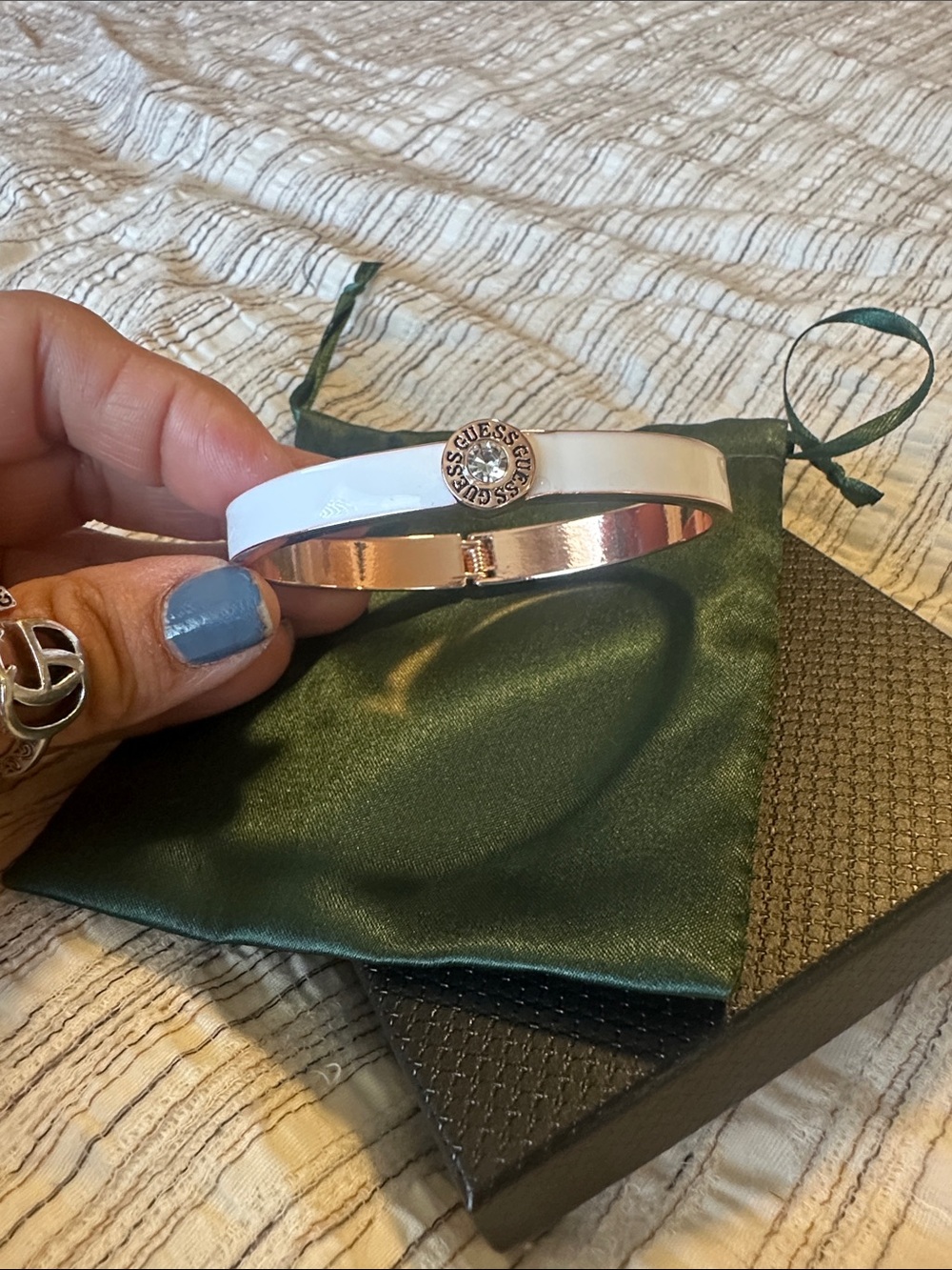 GUESS White and Rose Gold-Tone Logo Bangle Bracelet